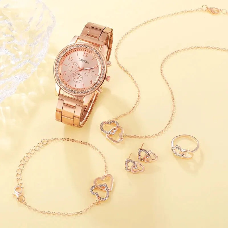 Noelle 6-Piece Rose Gold Crystal Watch & Jewellery Set – product image 2