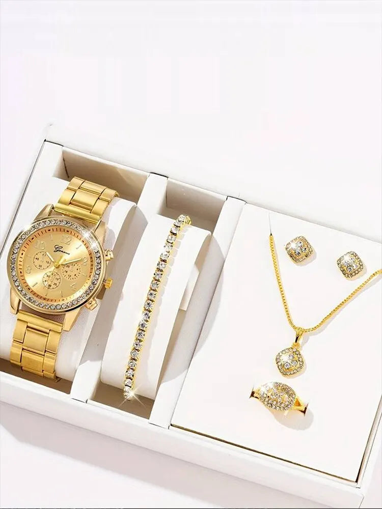 Rosa 6-Piece Gold Crystal Watch & Jewellery Set – product image 3