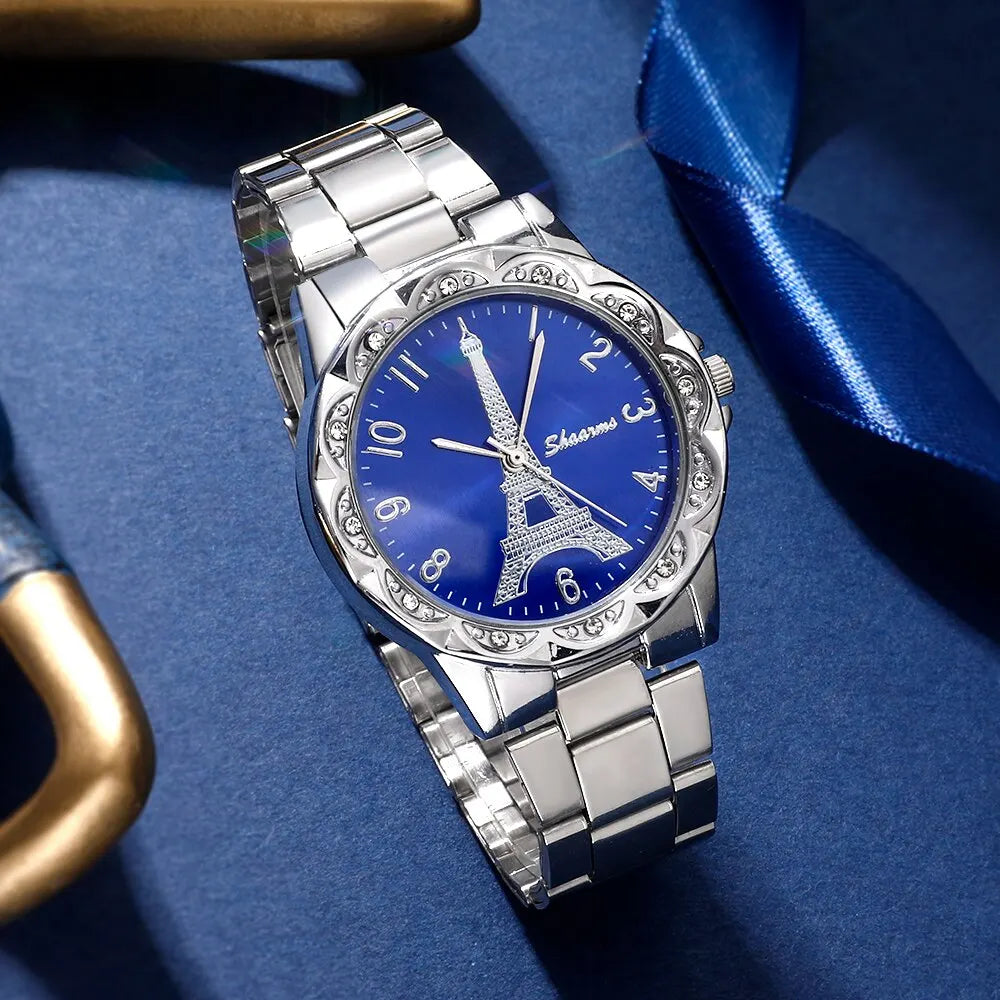 Women's Fashion Quartz Watch Eiffel Tower Dial Design Stainless Steel Band Ladies Simple Casual Analog WristWatch Jewelry Set