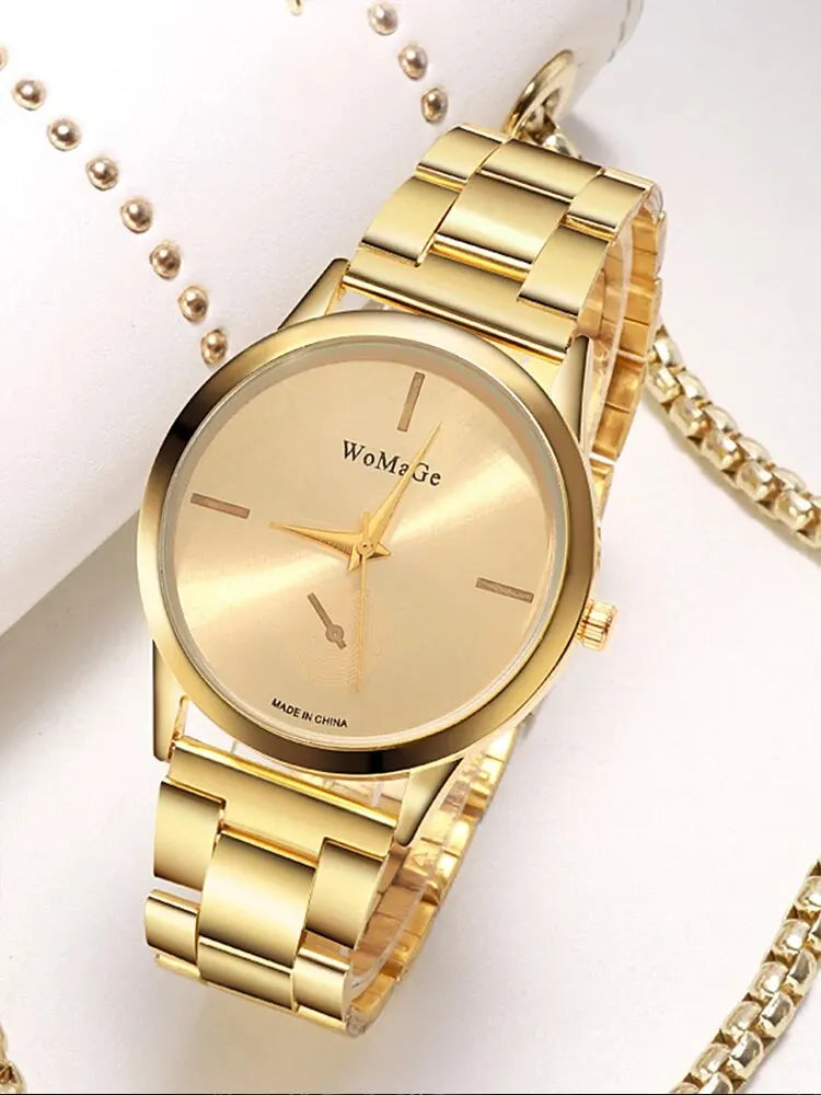 6pcs Women's Fashion Round Steel Band Quartz Watch+Bracelet Combination Set