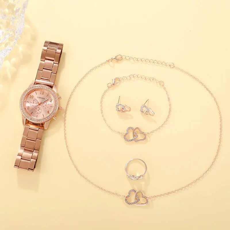 Noelle 6-Piece Rose Gold Crystal Watch & Jewellery Set – product image 3