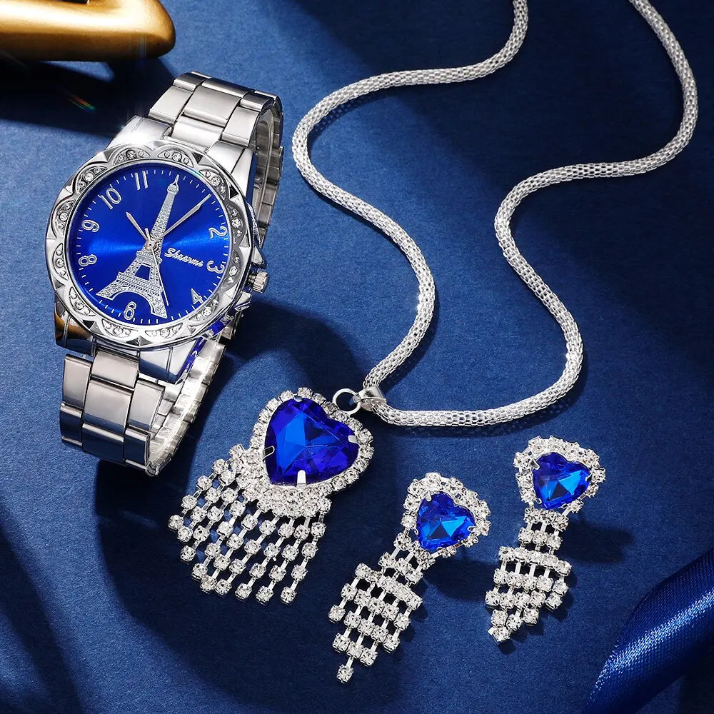 Women's Fashion Quartz Watch Eiffel Tower Dial Design Stainless Steel Band Ladies Simple Casual Analog WristWatch Jewelry Set