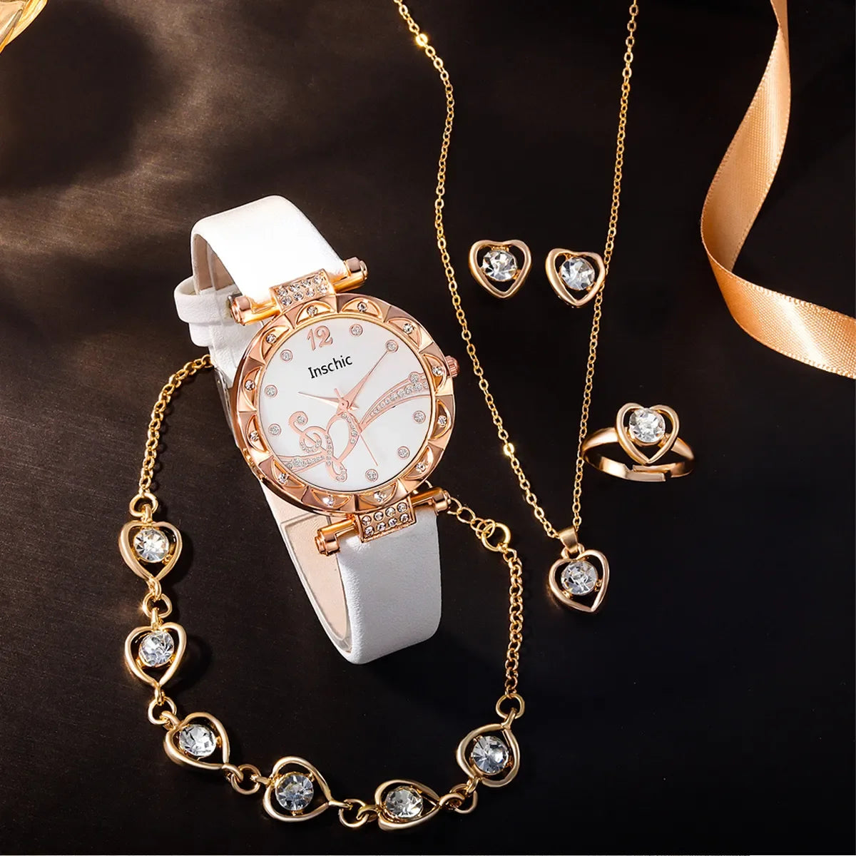 Thea 6-Piece Crystal Leather Watch & Jewellery Set – product image 1