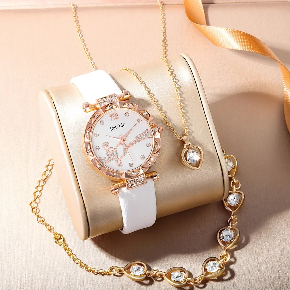6 PCS New Lxury Love Rhinestone Jewelry Ladies Ring Necklace Earrings Bracelet Set Simple Digital Leather Strap Quartz Watch