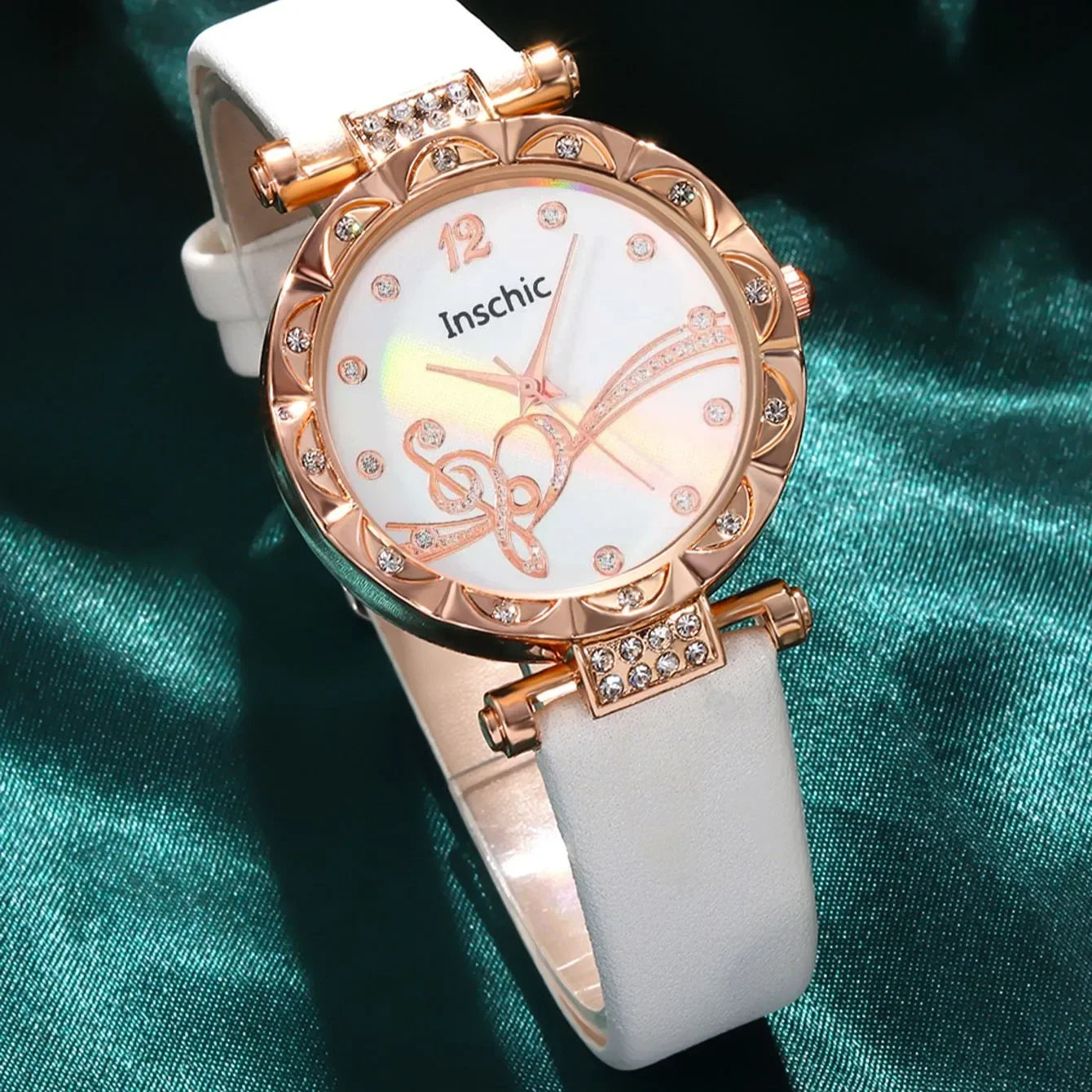 6 PCS New Lxury Love Rhinestone Jewelry Ladies Ring Necklace Earrings Bracelet Set Simple Digital Leather Strap Quartz Watch