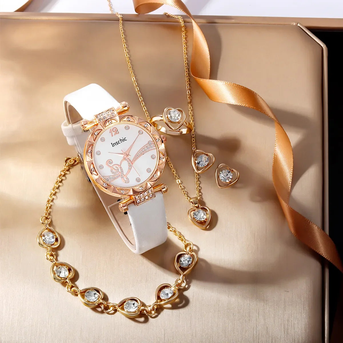 Thea 6-Piece Crystal Leather Watch & Jewellery Set – product image 2