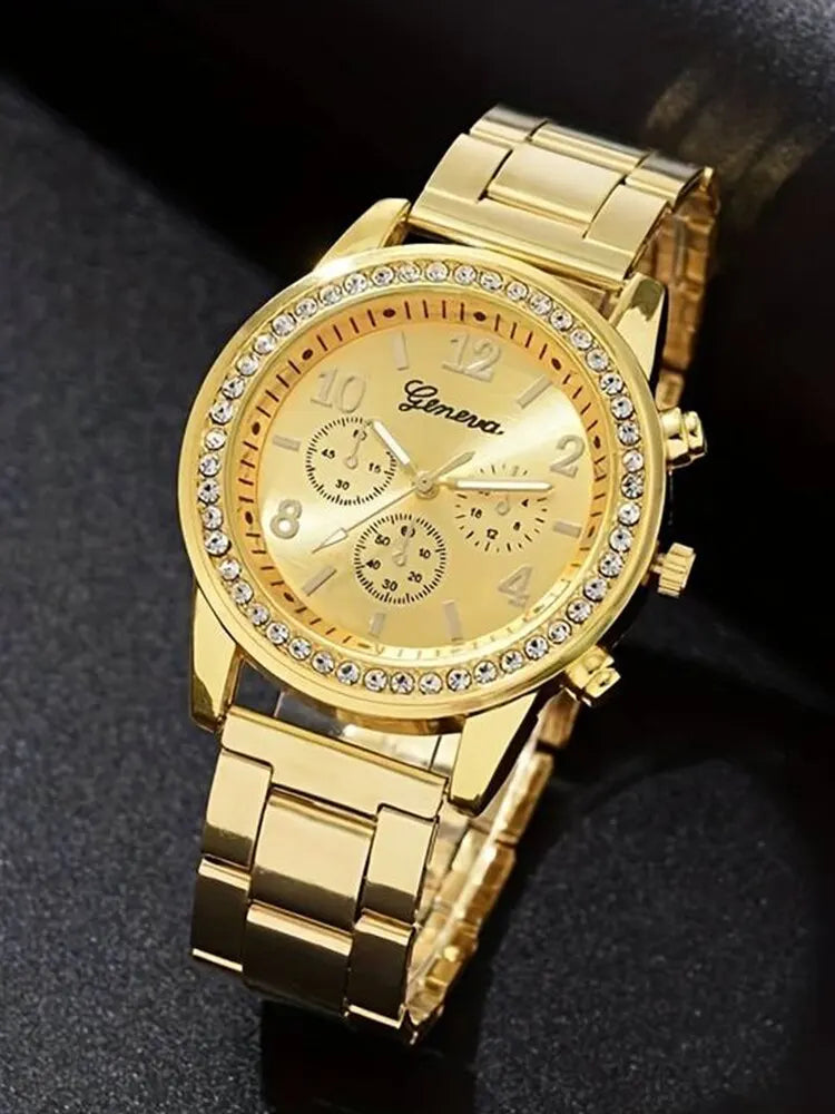 6 Pieces of Fashionable and Versatile Diamond Inlaid Rhinestone WOMEN'S Gold Quartz Steel Band Watch+necklace+earrings+ring+brac