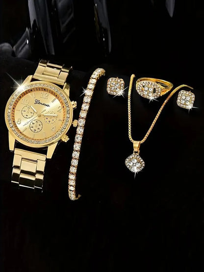Rosa 6-Piece Gold Crystal Watch & Jewellery Set – product image 1