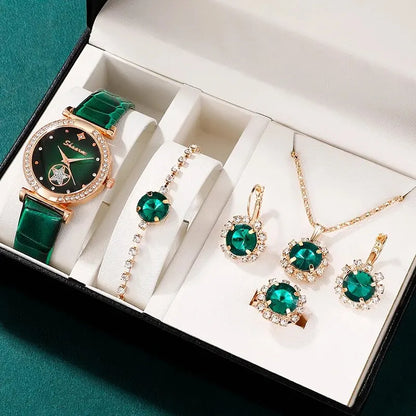 Malia 6-Piece Green Crystal Watch & Jewellery Set – product image 1