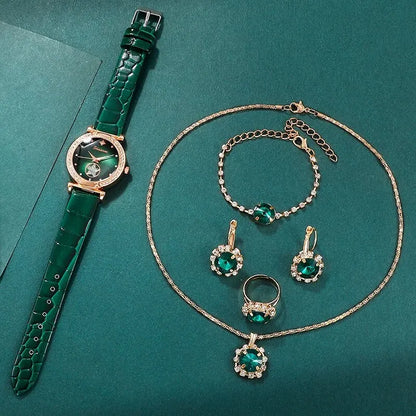 Malia 6-Piece Green Crystal Watch & Jewellery Set – product image 3